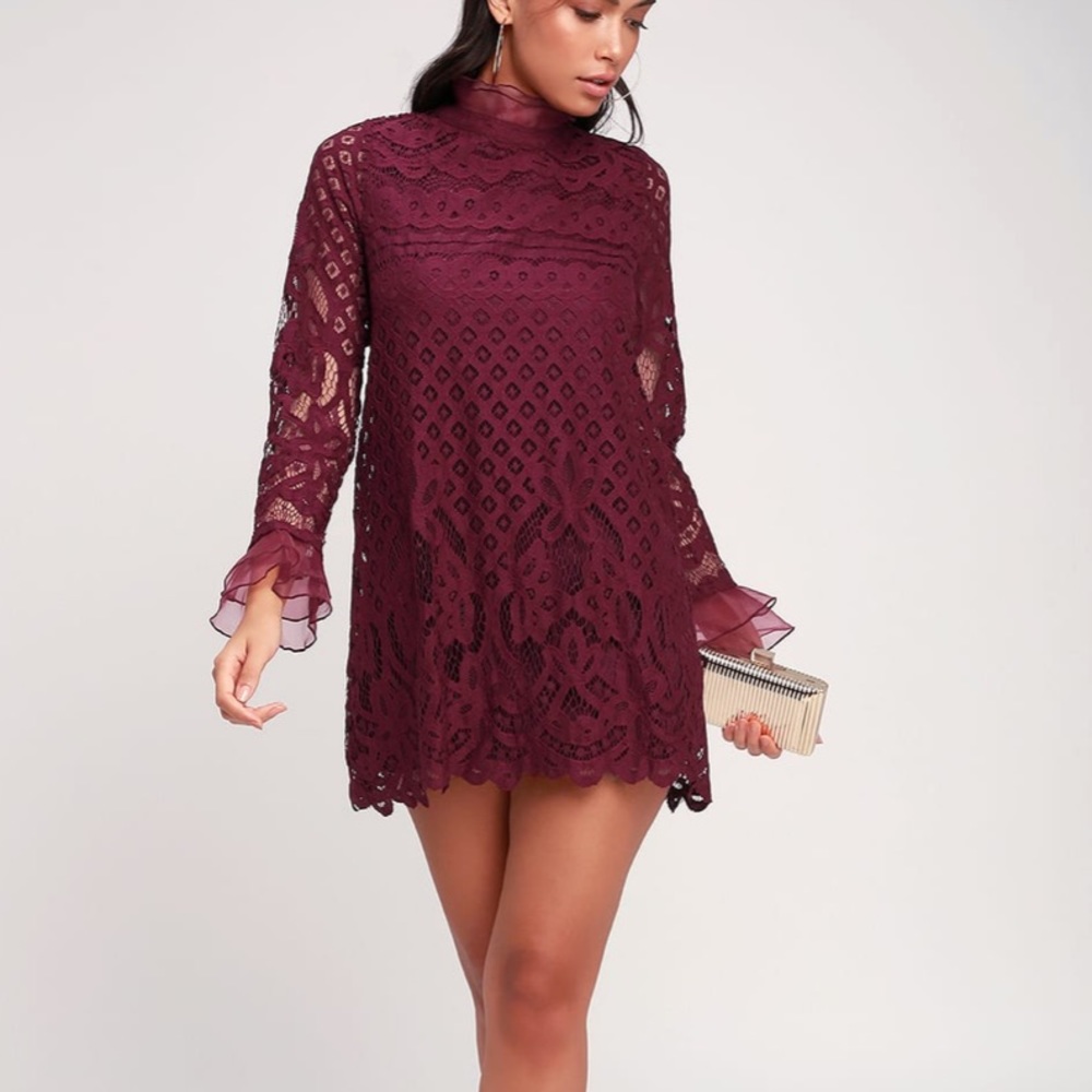 Lulu’s Maroon Lace Longsleeve Homecoming Dress
